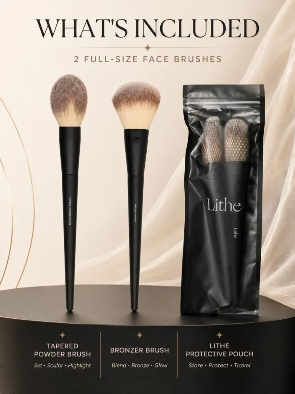 Lithe Beauty Essential Face Brush Set Bronzer Tapered Powder 2pc